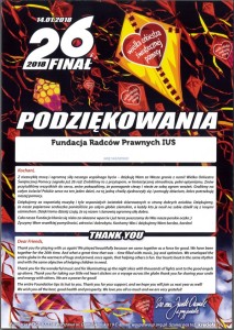 26 Finał Wielka Orkiestra Świątecznej Pomocy-Podziękowania